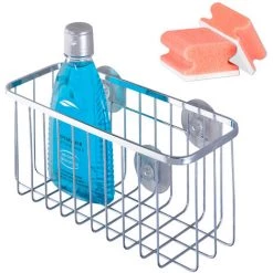 WENKO Panier De Douche Ragusa, Acier Inox, Fixation Ventouse, H10,5 Cm, Lot De 2 éponges Offertes