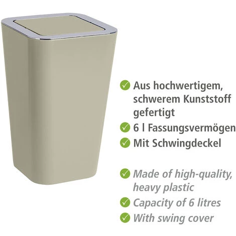 WENKO Poubelle Salle De Bain Avec Couvercle, Capacité 6L, Candy, Plastique Taupe, Lot De 2 éponges Offertes 4 WENKO Poubelle Salle De Bain Avec Couvercle, Capacité 6L, Candy, Plastique Taupe, Lot De 2 éponges Offertes – Image 2