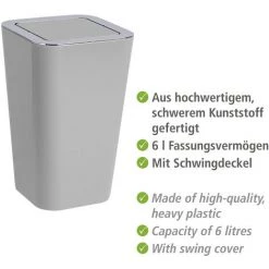 WENKO Poubelle Salle De Bain Avec Couvercle, Capacité 6L, Candy, Plastique Gris, Lot De 2 éponges Offertes -WENKO Soldes 39896931 2