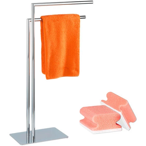 WENKO Porte Serviette Salle De Bain, Porte Serviette Sur Pied En Acier Inox, 2 Niveaux, Lot De 2 éponges Offertes 3 WENKO Porte Serviette Salle De Bain, Porte Serviette Sur Pied En Acier Inox, 2 Niveaux, Lot De 2 éponges Offertes