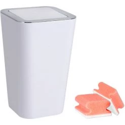 WENKO Poubelle Salle De Bain Avec Couvercle, Capacité 6L, Candy, Plastique Blanc, Lot De 2 éponges Offertes