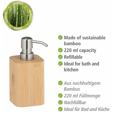 WENKO Distributeur Savon Liquide Bois Bambusa, Capacité 200ml, Bambou, 9,3x16,5x7,2 Cm, Marron 4 WENKO Distributeur Savon Liquide Bois Bambusa, Capacité 200ml, Bambou, 9,3x16,5x7,2 Cm, Marron – Image 2