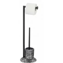 WENKO Serviteur WC 2en1 Terrazzo Avec Brosse WC Et Dérouleur Papier Toilette , Acier - Polyrésine, 19x62x18,5 Cm, Noir