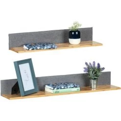 WENKO Etagère Murale Rectangulaire Bambou Bahari, Tablette Murale Design Scandinave, Lot De 2, Bambou - Polyester, 80x10x15 Cm Et 60x10x15 Cm, Marron - Gris