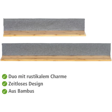 WENKO Etagère Murale Rectangulaire Bambou Bahari, Tablette Murale Design Scandinave, Lot De 2, Bambou - Polyester, 80x10x15 Cm Et 60x10x15 Cm, Marron - Gris 4 WENKO Etagère Murale Rectangulaire Bambou Bahari, Tablette Murale Design Scandinave, Lot De 2, Bambou - Polyester, 80x10x15 Cm Et 60x10x15 Cm, Marron - Gris – Image 2