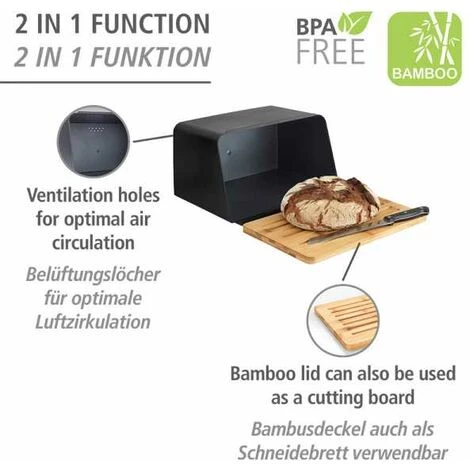 WENKO Boite à Pain Avec Couvercle En Bambou Kubo, Rangement Pour Le Pain, Avec Couvercle Planche à Découper En Bambou, Plastique - Bambou, 35x20,5x26 Cm, Noir - Marron 4 WENKO Boite à Pain Avec Couvercle En Bambou Kubo, Rangement Pour Le Pain, Avec Couvercle Planche à Découper En Bambou, Plastique - Bambou, 35x20,5x26 Cm, Noir - Marron – Image 2