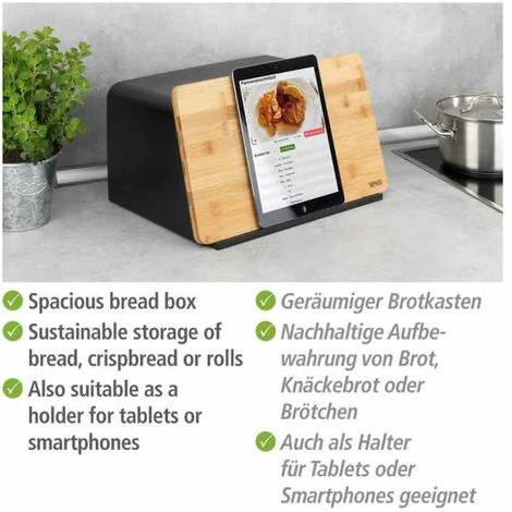 WENKO Boite à Pain Avec Couvercle En Bambou Kubo, Rangement Pour Le Pain, Avec Couvercle Planche à Découper En Bambou, Plastique - Bambou, 35x20,5x26 Cm, Noir - Marron 5 WENKO Boite à Pain Avec Couvercle En Bambou Kubo, Rangement Pour Le Pain, Avec Couvercle Planche à Découper En Bambou, Plastique - Bambou, 35x20,5x26 Cm, Noir - Marron – Image 3