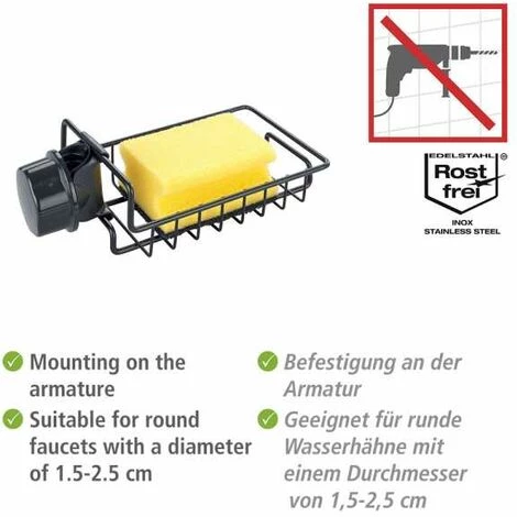 WENKO Porte Eponge Robinet, Porte éponge évier Cuisine à Fixer Au Robinet Du Lavabo Ou De L'évier, Métal - Plastique, 21x6,5x10 Cm, Noir 4 WENKO Porte Eponge Robinet, Porte éponge évier Cuisine à Fixer Au Robinet Du Lavabo Ou De L'évier, Métal - Plastique, 21x6,5x10 Cm, Noir – Image 2