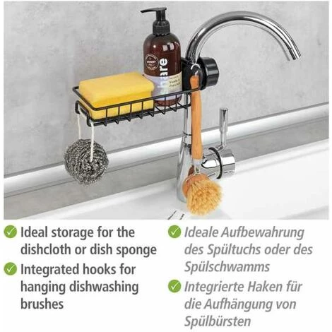 WENKO Porte Eponge Robinet, Porte éponge évier Cuisine à Fixer Au Robinet Du Lavabo Ou De L'évier, Métal - Plastique, 21x6,5x10 Cm, Noir 5 WENKO Porte Eponge Robinet, Porte éponge évier Cuisine à Fixer Au Robinet Du Lavabo Ou De L'évier, Métal - Plastique, 21x6,5x10 Cm, Noir – Image 3