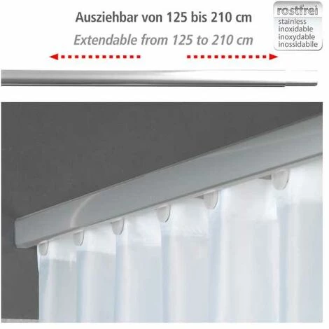 WENKO Rail De Douche Extensible Era, Tringle Pour Rideau De Douche Télescopique Avec 12 Accroches Rideau, Fixation Sans Perçage, Aluminium Inoxydable, 125-210x2x3,5 Cm, Brillant 4 WENKO Rail De Douche Extensible Era, Tringle Pour Rideau De Douche Télescopique Avec 12 Accroches Rideau, Fixation Sans Perçage, Aluminium Inoxydable, 125-210x2x3,5 Cm, Brillant – Image 2