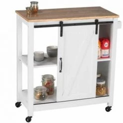 WENKO Desserte Cuisine Bois Style "campagne", Desserte à Roulettes Avec Porte Coulissante, Bois - MDF, 80x88,5x40 Cm, Blanc