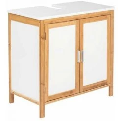 WENKO Meuble Salle De Bain Finja, Meuble Sous Lavabo Bois Avec 2 Portes, Bambou Et MDF, L65x60x33 Cm, Blanc - Marron