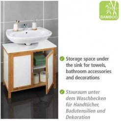 WENKO Meuble Salle De Bain Finja, Meuble Sous Lavabo Bois Avec 2 Portes, Bambou Et MDF, L65x60x33 Cm, Blanc - Marron -WENKO Soldes 42842365 3