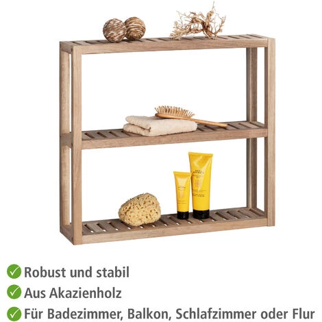 WENKO Etagère Murale Bois 3 Plateaux Acina, Etagère étroite Pour La Salle De Bain, Salon Ou Cuisine, Fixation Murale Ou à Poser, Bois Acacia Certifié FSC, 60x15x54cm, Marron 4 WENKO Etagère Murale Bois 3 Plateaux Acina, Etagère étroite Pour La Salle De Bain, Salon Ou Cuisine, Fixation Murale Ou à Poser, Bois Acacia Certifié FSC, 60x15x54cm, Marron – Image 2