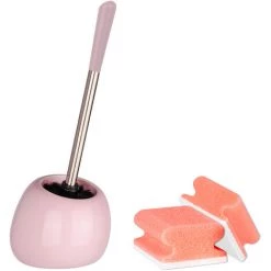 WENKO Porte Brosse WC Céramique Polaris Pastel, Brosse WC Noire, Brosse WC Remplaçable, 19x34,6x14,6 Cm, Rose, Lot De 2 éponges Offertes