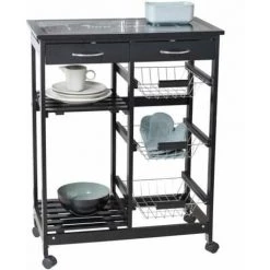 WENKO Desserte Cuisine à Roulettes Bon Appetit, Desserte Noire, Avec Tiroirs, Paniers, étagères Et Plateau Planche à Découper, MDF, 67x86,5x35 Cm, Noir