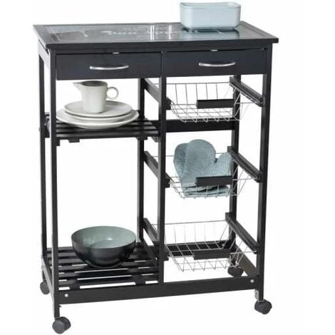 WENKO Desserte Cuisine à Roulettes Bon Appetit, Desserte Noire, Avec Tiroirs, Paniers, étagères Et Plateau Planche à Découper, MDF, 67x86,5x35 Cm, Noir 3 WENKO Desserte Cuisine à Roulettes Bon Appetit, Desserte Noire, Avec Tiroirs, Paniers, étagères Et Plateau Planche à Découper, MDF, 67x86,5x35 Cm, Noir