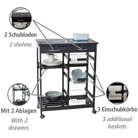 WENKO Desserte Cuisine à Roulettes Bon Appetit, Desserte Noire, Avec Tiroirs, Paniers, étagères Et Plateau Planche à Découper, MDF, 67x86,5x35 Cm, Noir 4 WENKO Desserte Cuisine à Roulettes Bon Appetit, Desserte Noire, Avec Tiroirs, Paniers, étagères Et Plateau Planche à Découper, MDF, 67x86,5x35 Cm, Noir – Image 2