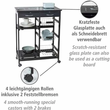 WENKO Desserte Cuisine à Roulettes Bon Appetit, Desserte Noire, Avec Tiroirs, Paniers, étagères Et Plateau Planche à Découper, MDF, 67x86,5x35 Cm, Noir 5 WENKO Desserte Cuisine à Roulettes Bon Appetit, Desserte Noire, Avec Tiroirs, Paniers, étagères Et Plateau Planche à Découper, MDF, 67x86,5x35 Cm, Noir – Image 3