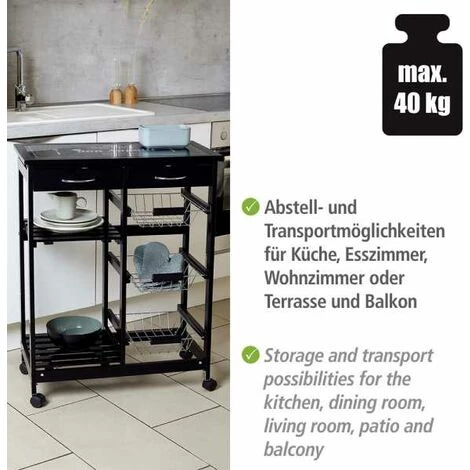 WENKO Desserte Cuisine à Roulettes Bon Appetit, Desserte Noire, Avec Tiroirs, Paniers, étagères Et Plateau Planche à Découper, MDF, 67x86,5x35 Cm, Noir 6 WENKO Desserte Cuisine à Roulettes Bon Appetit, Desserte Noire, Avec Tiroirs, Paniers, étagères Et Plateau Planche à Découper, MDF, 67x86,5x35 Cm, Noir – Image 4