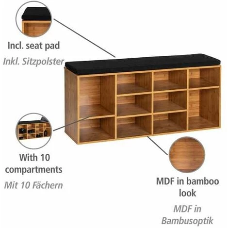 WENKO Banc D'entrée Loft, Banc De Rangement Chaussures En Bois Avec Assise En Tissu, Jusqu'à 10 Paires De Chaussures, MDF, 103x48x29,5 Cm, Marron - Noir 4 WENKO Banc D'entrée Loft, Banc De Rangement Chaussures En Bois Avec Assise En Tissu, Jusqu'à 10 Paires De Chaussures, MDF, 103x48x29,5 Cm, Marron - Noir – Image 2