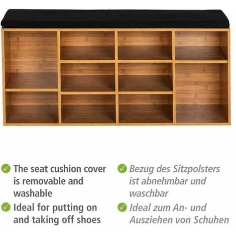 WENKO Banc D'entrée Loft, Banc De Rangement Chaussures En Bois Avec Assise En Tissu, Jusqu'à 10 Paires De Chaussures, MDF, 103x48x29,5 Cm, Marron - Noir 6 WENKO Banc D'entrée Loft, Banc De Rangement Chaussures En Bois Avec Assise En Tissu, Jusqu'à 10 Paires De Chaussures, MDF, 103x48x29,5 Cm, Marron - Noir – Image 4