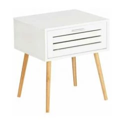 WENKO Table De Nuit Avec Tiroir Finja, Bout De Canapé, Table D'appoint Pied Bambou Style Scandinave, MDF, 45x50x38 Cm, Blanc - Marron