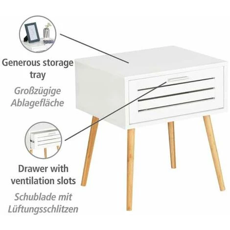 WENKO Table De Nuit Avec Tiroir Finja, Bout De Canapé, Table D'appoint Pied Bambou Style Scandinave, MDF, 45x50x38 Cm, Blanc - Marron 4 WENKO Table De Nuit Avec Tiroir Finja, Bout De Canapé, Table D'appoint Pied Bambou Style Scandinave, MDF, 45x50x38 Cm, Blanc - Marron – Image 2