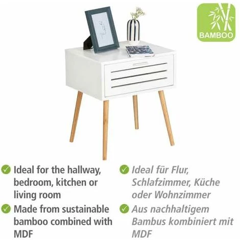 WENKO Table De Nuit Avec Tiroir Finja, Bout De Canapé, Table D'appoint Pied Bambou Style Scandinave, MDF, 45x50x38 Cm, Blanc - Marron 5 WENKO Table De Nuit Avec Tiroir Finja, Bout De Canapé, Table D'appoint Pied Bambou Style Scandinave, MDF, 45x50x38 Cm, Blanc - Marron – Image 3
