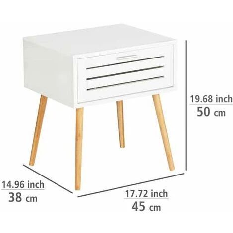 WENKO Table De Nuit Avec Tiroir Finja, Bout De Canapé, Table D'appoint Pied Bambou Style Scandinave, MDF, 45x50x38 Cm, Blanc - Marron 6 WENKO Table De Nuit Avec Tiroir Finja, Bout De Canapé, Table D'appoint Pied Bambou Style Scandinave, MDF, 45x50x38 Cm, Blanc - Marron – Image 4