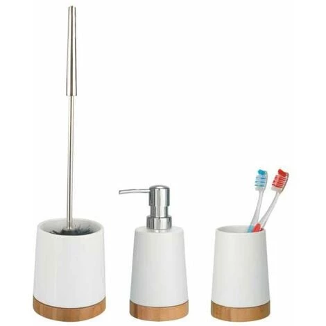 WENKO Set D'accessoires De Salle De Bain Bamboo, 3 Pièces, Porte Brosse à Dent, Distributeur Savon Liquide Et Brosse WC, Céramique - Bambou, Blanc - Marron 3 WENKO Set D'accessoires De Salle De Bain Bamboo, 3 Pièces, Porte Brosse à Dent, Distributeur Savon Liquide Et Brosse WC, Céramique - Bambou, Blanc - Marron