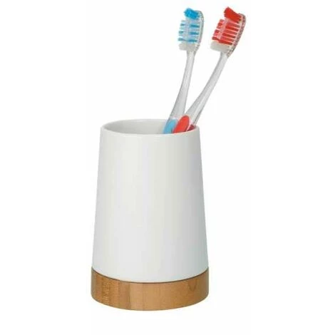 WENKO Set D'accessoires De Salle De Bain Bamboo, 3 Pièces, Porte Brosse à Dent, Distributeur Savon Liquide Et Brosse WC, Céramique - Bambou, Blanc - Marron 6 WENKO Set D'accessoires De Salle De Bain Bamboo, 3 Pièces, Porte Brosse à Dent, Distributeur Savon Liquide Et Brosse WC, Céramique - Bambou, Blanc - Marron – Image 4