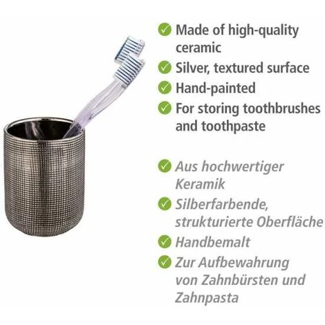 WENKO Gobelet Salle De Bain Rivara, Porte Brosse à Dent, Céramique à Relief Peint à La Main, Ø 7,5 X 9,5 Cm, Argenté 4 WENKO Gobelet Salle De Bain Rivara, Porte Brosse à Dent, Céramique à Relief Peint à La Main, Ø 7,5 X 9,5 Cm, Argenté – Image 2