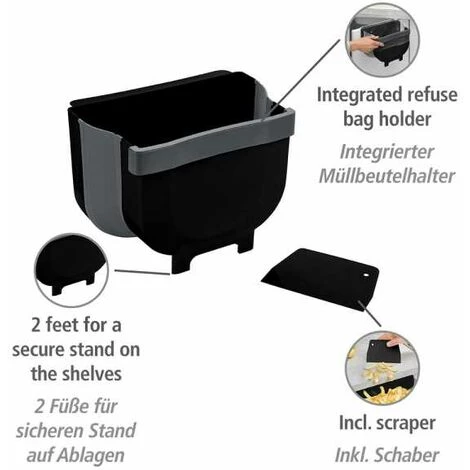 WENKO Poubelle De Porte Fago 5 Litres, Collecteur De Déchets à Suspendre Black Outdoor Kitchen, Racleur Inclus, Fixation Sans Perçage Sur Porte D'armoire Ou Tiroir, Pliable, 25,5 X 18 Cm X 18 Cm, Noir 4 WENKO Poubelle De Porte Fago 5 Litres, Collecteur De Déchets à Suspendre Black Outdoor Kitchen, Racleur Inclus, Fixation Sans Perçage Sur Porte D'armoire Ou Tiroir, Pliable, 25,5 X 18 Cm X 18 Cm, Noir – Image 2