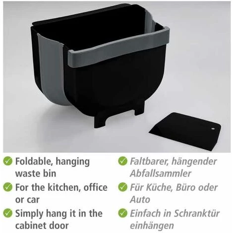 WENKO Poubelle De Porte Fago 5 Litres, Collecteur De Déchets à Suspendre Black Outdoor Kitchen, Racleur Inclus, Fixation Sans Perçage Sur Porte D'armoire Ou Tiroir, Pliable, 25,5 X 18 Cm X 18 Cm, Noir 5 WENKO Poubelle De Porte Fago 5 Litres, Collecteur De Déchets à Suspendre Black Outdoor Kitchen, Racleur Inclus, Fixation Sans Perçage Sur Porte D'armoire Ou Tiroir, Pliable, 25,5 X 18 Cm X 18 Cm, Noir – Image 3