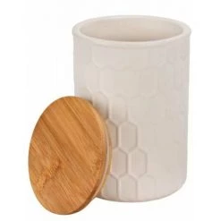 WENKO Boîte De Conservation Maya, Céramique Blanche Haute Qualité Avec Structure De Tissage, Lavable Au Lave-vaisselle, Couvercle En Bambou Certifié FSC® à Fermeture Hermétique, 900 Ml, Ø 11 X 16 Cm
