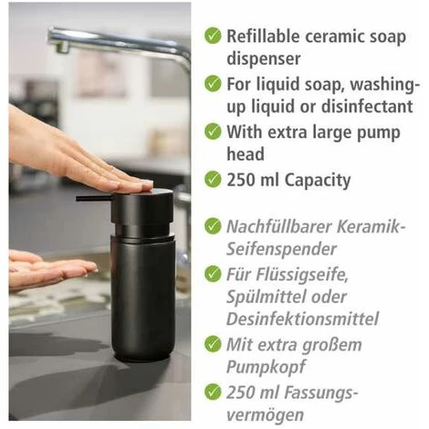 WENKO Distributeur De Savon Silo, Distributeur En Céramique Contenant Jusqu'à 250 ml De Savon Liquide, Liquide Vaisselle Ou Désinfectant Avec Pompe Extra-grande En Plastique ABS, ∅ 6,2 X 16,5 Cm 4 WENKO Distributeur De Savon Silo, Distributeur En Céramique Contenant Jusqu'à 250 ml De Savon Liquide, Liquide Vaisselle Ou Désinfectant Avec Pompe Extra-grande En Plastique ABS, ∅ 6,2 X 16,5 Cm – Image 2