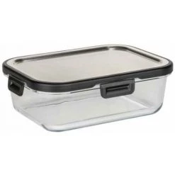 WENKO Boîte De Conservation Fraicheur En Verre Steel 1 L, Boîte Hermétique En Verre Avec Couvercle En Acier Inoxydable, Boîte Lavable Au Lave-vaisselle Et Empilable & étanche, 20 X 7 X 15 Cm