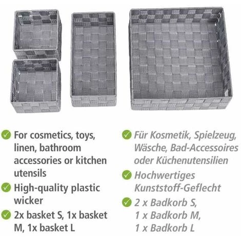 WENKO Corbeille De Bain Adria Grise, Kit De 4, Décorative Pour Le Rangement Et L'organisation Aux Dimensions S, M & L Pour Cuisine, Salle De Bain Et Maison, Organiseur En Polypropylène Robuste 5 WENKO Corbeille De Bain Adria Grise, Kit De 4, Décorative Pour Le Rangement Et L'organisation Aux Dimensions S, M & L Pour Cuisine, Salle De Bain Et Maison, Organiseur En Polypropylène Robuste – Image 3