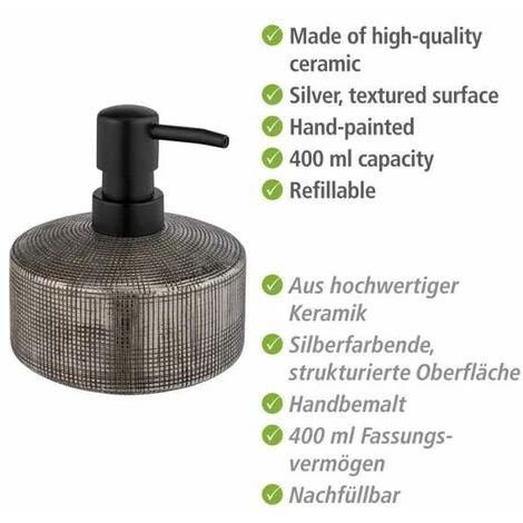 WENKO Distributeur Savon Liquide Rivara, Capacité 400 Ml, Céramique à Relief Peint à La Main, Ø 10,5 X 12 Cm, Argenté 4 WENKO Distributeur Savon Liquide Rivara, Capacité 400 Ml, Céramique à Relief Peint à La Main, Ø 10,5 X 12 Cm, Argenté – Image 2