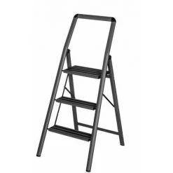 WENKO Escabeau 3 Marches, Petit Escabeau Pliable, Marches Antidérapantes, Léger 4,05 Kg, Aluminium, 48x114,5x6 Cm, Gris Foncé