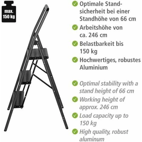 WENKO Escabeau 3 Marches, Petit Escabeau Pliable, Marches Antidérapantes, Léger 4,05 Kg, Aluminium, 48x114,5x6 Cm, Gris Foncé 5 WENKO Escabeau 3 Marches, Petit Escabeau Pliable, Marches Antidérapantes, Léger 4,05 Kg, Aluminium, 48x114,5x6 Cm, Gris Foncé – Image 3