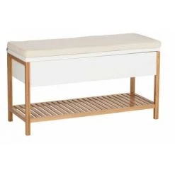 WENKO Banc D'entrée Avec Rangement Finja, Meuble Chaussure Entrée - Banc Coffre Rangement Chaussures, Style Scandinave, Bambou - MDF, 90x52x35 Cm, Marron - Blanc