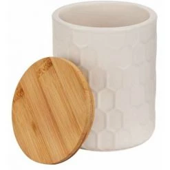 WENKO Boîte De Conservation Maya, Céramique Blanche Haute Qualité Avec Structure De Tissage, Lavable Au Lave-vaisselle, Couvercle En Bambou Certifié FSC® à Fermeture Hermétique, 400 Ml, Ø 9,5 X 12 Cm