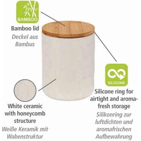 WENKO Boîte De Conservation Maya, Céramique Blanche Haute Qualité Avec Structure De Tissage, Lavable Au Lave-vaisselle, Couvercle En Bambou Certifié FSC® à Fermeture Hermétique, 400 Ml, Ø 9,5 X 12 Cm 4 WENKO Boîte De Conservation Maya, Céramique Blanche Haute Qualité Avec Structure De Tissage, Lavable Au Lave-vaisselle, Couvercle En Bambou Certifié FSC® à Fermeture Hermétique, 400 Ml, Ø 9,5 X 12 Cm – Image 2