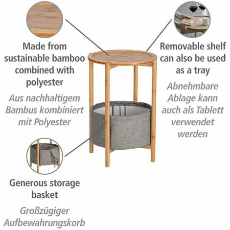 WENKO Table D'appoint Scandinave Avec Bac Rangement Tissu Bahari, Table De Nuit Dans Une Chambre, Bout De Canapé Et Tabouret Pour Plantes, Bambou, 42x60 Cm, Marron - Gris 4 WENKO Table D'appoint Scandinave Avec Bac Rangement Tissu Bahari, Table De Nuit Dans Une Chambre, Bout De Canapé Et Tabouret Pour Plantes, Bambou, 42x60 Cm, Marron - Gris – Image 2