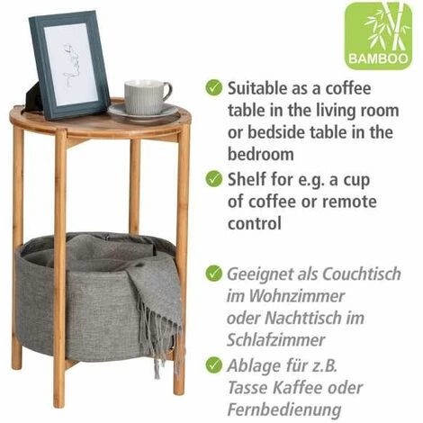 WENKO Table D'appoint Scandinave Avec Bac Rangement Tissu Bahari, Table De Nuit Dans Une Chambre, Bout De Canapé Et Tabouret Pour Plantes, Bambou, 42x60 Cm, Marron - Gris 5 WENKO Table D'appoint Scandinave Avec Bac Rangement Tissu Bahari, Table De Nuit Dans Une Chambre, Bout De Canapé Et Tabouret Pour Plantes, Bambou, 42x60 Cm, Marron - Gris – Image 3