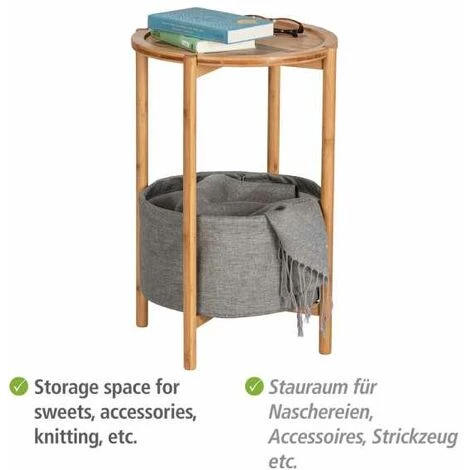 WENKO Table D'appoint Scandinave Avec Bac Rangement Tissu Bahari, Table De Nuit Dans Une Chambre, Bout De Canapé Et Tabouret Pour Plantes, Bambou, 42x60 Cm, Marron - Gris 6 WENKO Table D'appoint Scandinave Avec Bac Rangement Tissu Bahari, Table De Nuit Dans Une Chambre, Bout De Canapé Et Tabouret Pour Plantes, Bambou, 42x60 Cm, Marron - Gris – Image 4