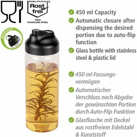 WENKO Distributeur Huile & Vinaigre Flip, 450 Ml, Fermeture Automatique Après Versement De La Dose, Fonction Auto-flip, Bouteille En Verre, Bouchon En Acier Inoxydable & Plastique, Ø 6 X 20 Cm 4 WENKO Distributeur Huile & Vinaigre Flip, 450 Ml, Fermeture Automatique Après Versement De La Dose, Fonction Auto-flip, Bouteille En Verre, Bouchon En Acier Inoxydable & Plastique, Ø 6 X 20 Cm – Image 2