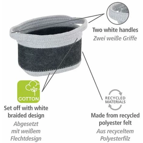 WENKO Corbeille En Feutre Bea S, Deux Anses Blanches, Fabriquée à Base De Feutre En Polyester Recyclé, Gris Foncé, Design Tissage Gris Clair, 80 % Polyester / 20 % Coton, 2,5 Litres, 18 X 13 X 12 Cm 4 WENKO Corbeille En Feutre Bea S, Deux Anses Blanches, Fabriquée à Base De Feutre En Polyester Recyclé, Gris Foncé, Design Tissage Gris Clair, 80 % Polyester / 20 % Coton, 2,5 Litres, 18 X 13 X 12 Cm – Image 2